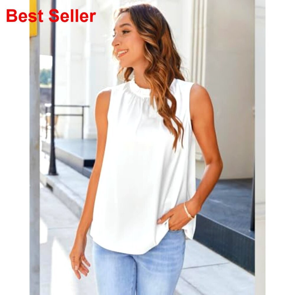 Silk Satin Tank Top Ruffle Neck Business Casual Sleeveless Blouse - Picture 3 of 7